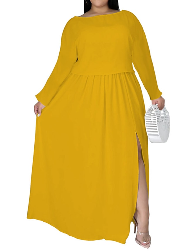 Womens Clothing Plus Size Collection | Womens Plus Size A Line Dress Solid Color Round Neck Long Sleeve Spring Summer Basic Casu