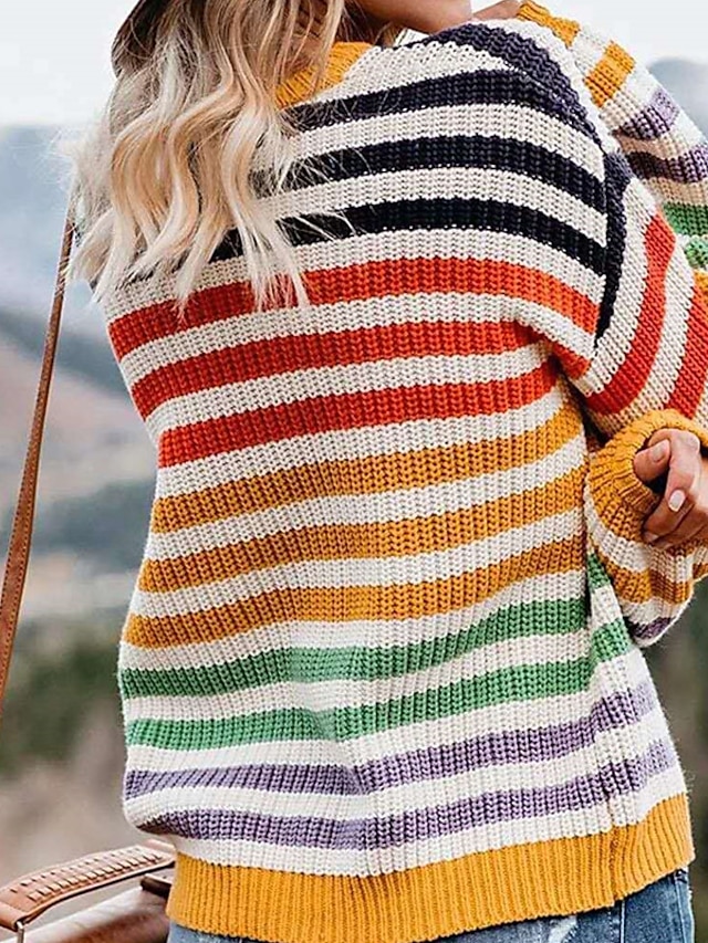 Womens Clothing Sweaters & Cardigans | Womens Pullover Sweater Jumper crochet Knit Knitted Striped Crew Neck Stylish Casual Dail