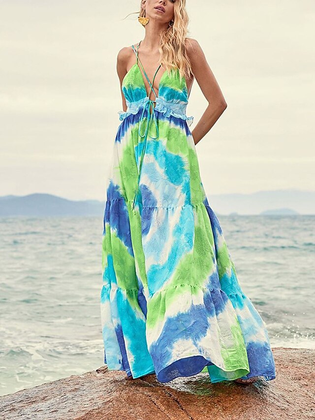 Womens Clothing Womens Dresses | Womens A Line Dress Maxi long Dress Green Blue Sleeveless Tie Dye Backless Print Spring Summer 