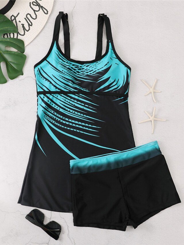 Womens Clothing Womens Swimwear | Womens Swimwear Tankini 2 Piece Normal Swimsuit Open Back Printing Lines / Waves Blue Vest Sco