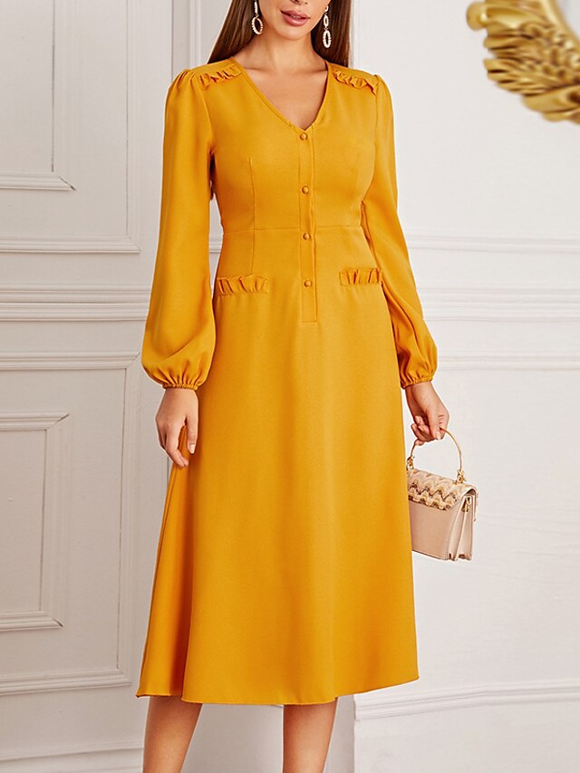 Womens Clothing Womens Dresses | Womens A Line Dress Midi Dress Yellow Long Sleeve Pure Color Ruffle Button Spring Summer V Neck