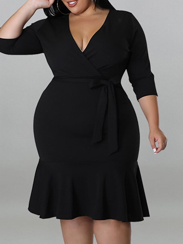 Womens Clothing Plus Size Collection | Womens Plus Size Sheath Dress Solid Color V Neck Half Sleeve Spring Summer Work Knee Leng