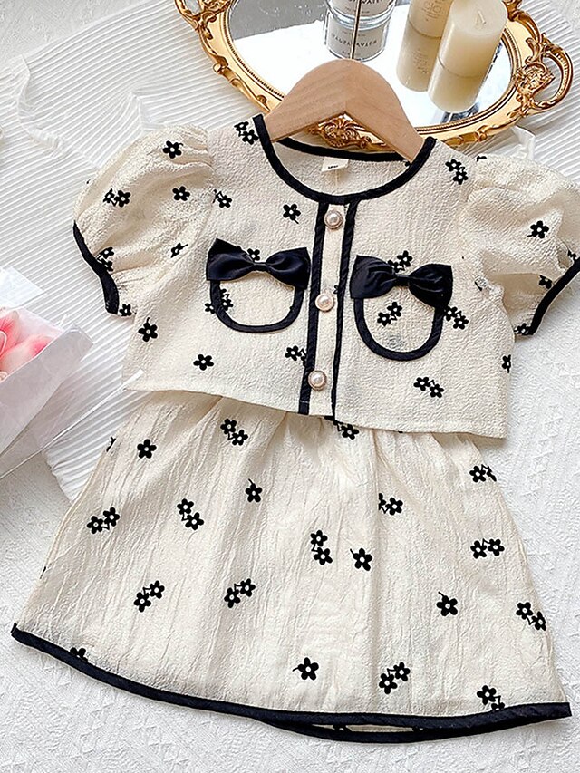 Baby & Kids Girls Clothing | Kids Toddler Girls Skirt Set Clothing Set 2 Pieces Short Sleeve Beige Graphic Puff Sleeve Bow Print