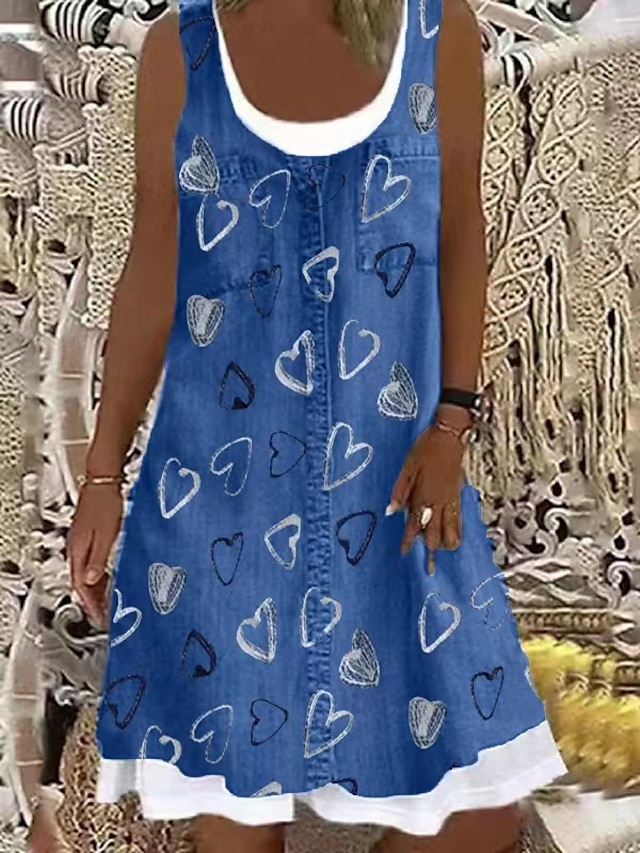 Womens Clothing Womens Dresses | Womens Strap Dress Knee Length Dress Black Dark Blue Light Blue Sleeveless Heart Print Summer U