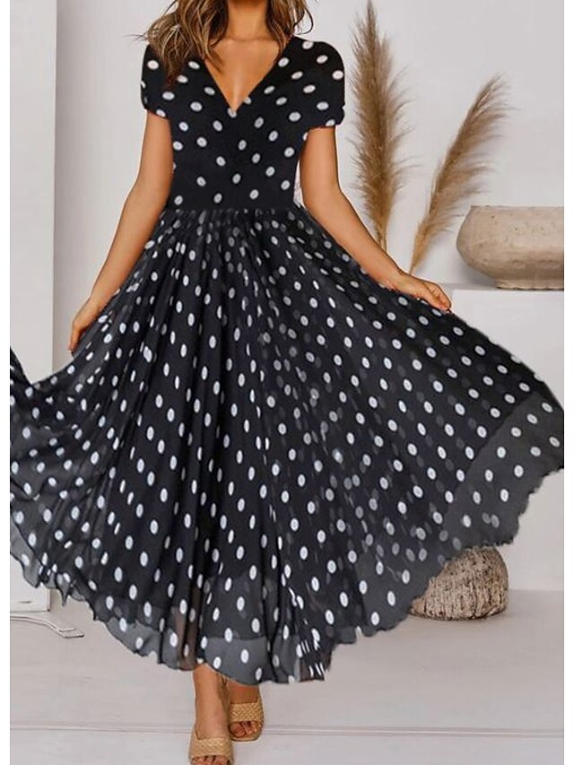 Women's Polka Dot Long Dress Maxi Dress Black Short Sleeve Ruched