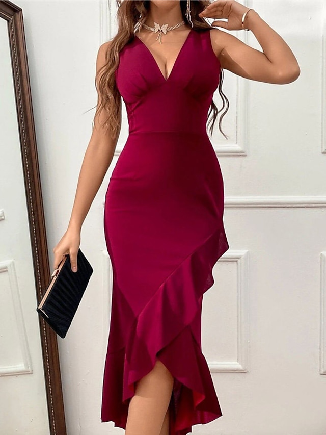 Womens Clothing Womens Dresses | Womens Bodycon Knee Length Dress Green Black Wine Sleeveless Pure Color Ruffle Spring Summer V 