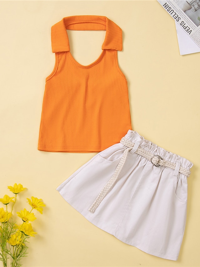 Baby & Kids Girls Clothing | Kids Girls Tank & SKirt Clothing Set 2 Pieces Sleeveless Orange Solid Color Indoor Daily Long Knee-