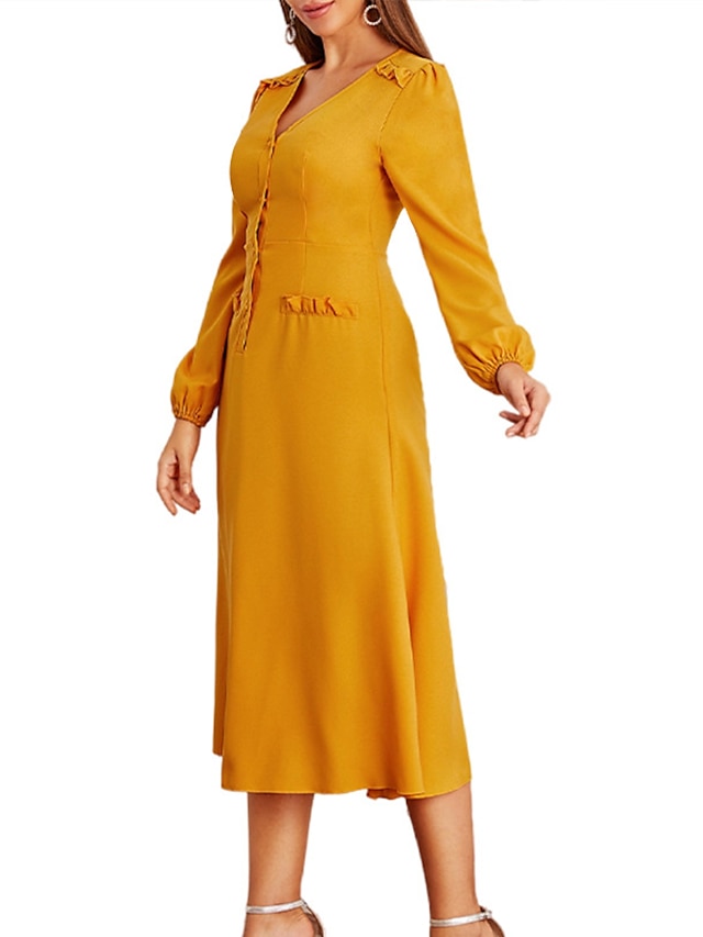 Womens Clothing Womens Dresses | Womens A Line Dress Midi Dress Yellow Long Sleeve Pure Color Ruffle Button Spring Summer V Neck