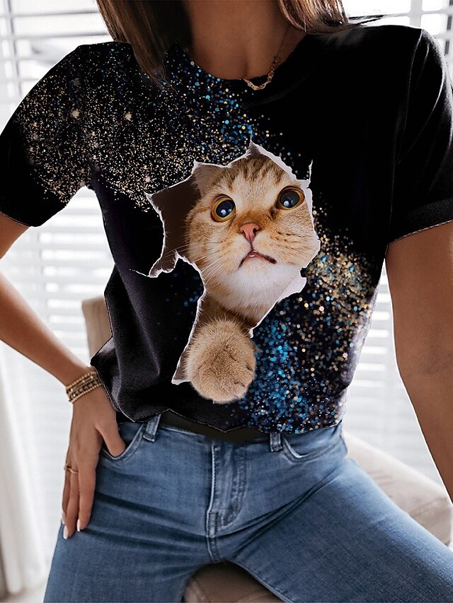  Damen T Shirt Schwarz Blau Bedruckt Katze 3D Casual Wochenende Kurzarm Rundhalsausschnitt Basic Standard 3D Cat Farbe S