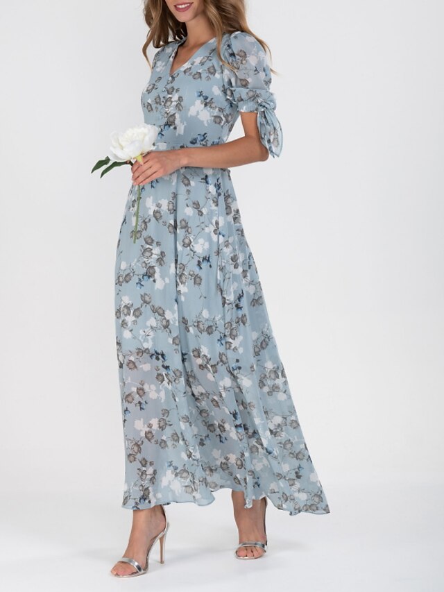 Women's Long Dress Maxi Dress Light Blue Short Sleeve Floral Ruched ...