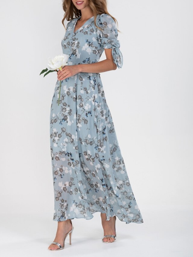 Womens Clothing Womens Dresses | Womens A Line Dress Maxi long Dress Light Blue Short Sleeve Floral Ruched Print Spring Summer V