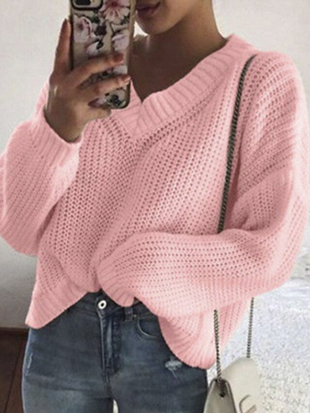 Womens Clothing Sweaters & Cardigans | Womens Pullover Sweater Jumper crochet waffle Knit Knitted Pure Color V Neck Stylish Casu