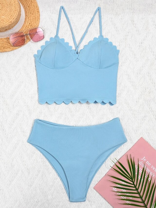 Womens Clothing Womens Swimwear | Womens Swimwear Bikini 2 Piece Normal Swimsuit Backless High Waisted string Pure Color Blue V 