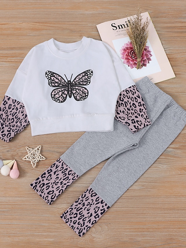 Baby & Kids Girls Clothing | Kids Girls Hoodie & Pants Clothing Set 2 Pieces Long Sleeve White Butterfly Leopard Print Street Ou