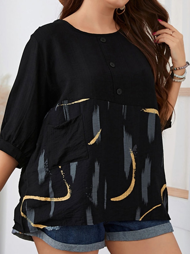 Womens Clothing Plus Size Collection | Womens Plus Size Tops Blouse Shirt Graphic Patterned Pocket Button Short Sleeve Crewneck 