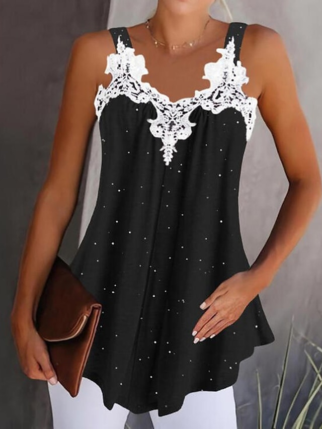  Women's Tank Top Camis Wine Black Polka Dot Lace Flowing tunic Sleeveless Holiday Streetwear Casual V Neck Regular S