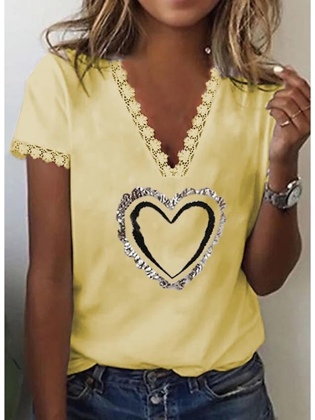 Womens Clothing Womens Tops | Womens Casual Weekend Painting Couple T shirt Tee Heart Short Sleeve Lace Trims Print V Neck Basic