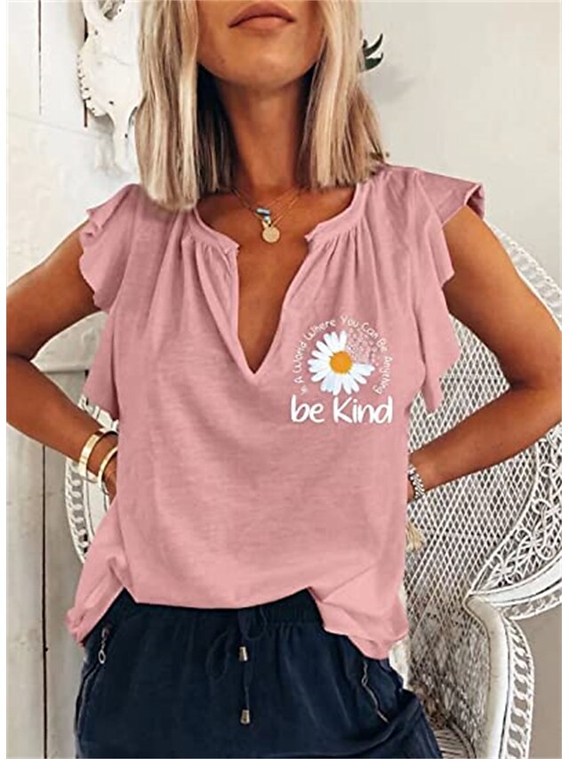 Womens Clothing Womens Tops | Womens Daisy Holiday Weekend Floral Painting T shirt Tee Short Sleeve Ruffle Print V Neck Basic Es