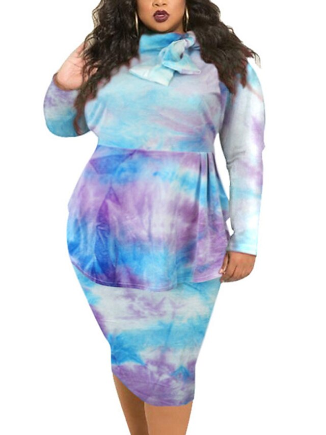 Womens Clothing Plus Size Collection | Womens Plus Size Sheath Dress Tie Dye Turtleneck Long Sleeve Fall Winter Work Midi Dress 