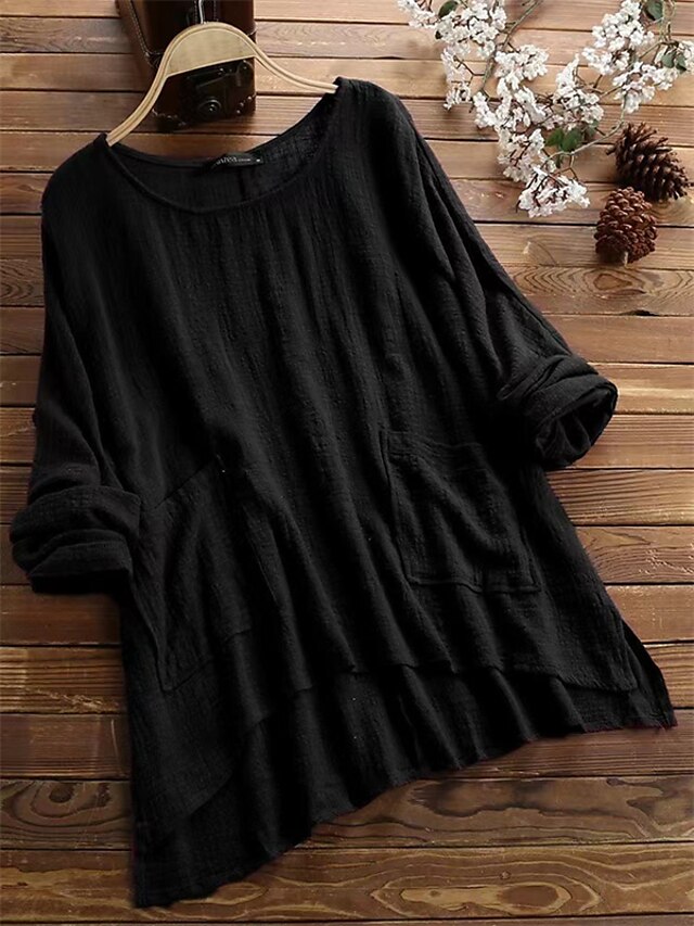 Womens Clothing Plus Size Collection | Womens Plus Size Tops Blouse Shirt Plain Pocket Long Sleeve Round Neck Vintage Streetwear