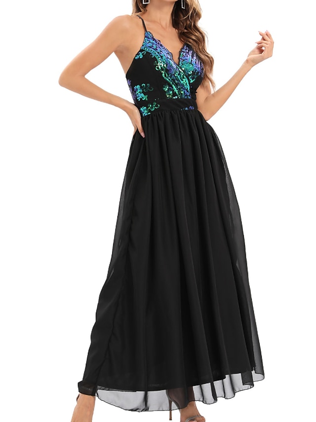 Womens Clothing Womens Dresses | Womens Strap Dress Maxi long Dress Black Sleeveless Color Block Backless Sequins Patchwork Spri