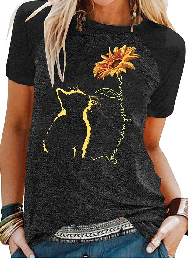 Womens Clothing Womens Tops | Womens Casual Daily Holiday T shirt Dress Cat Graphic Patterned Sunflower Short Sleeve Print Round