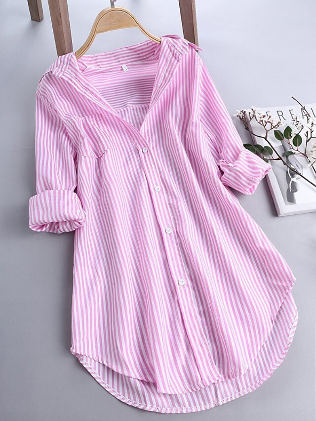 Womens Clothing Plus Size Collection | Womens Plus Size Tops Blouse Shirt Striped Asymmetric Long Sleeve Shirt Collar Streetwear