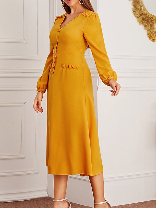 Womens Clothing Womens Dresses | Womens A Line Dress Midi Dress Yellow Long Sleeve Pure Color Ruffle Button Spring Summer V Neck