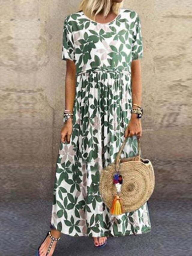 Womens Clothing Womens Dresses | Womens A Line Dress Maxi long Dress Green Short Sleeve Floral Print Spring Summer Round Neck Ca