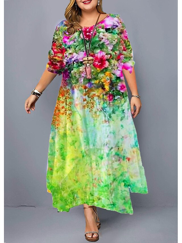 Womens Clothing Plus Size Collection | Womens Plus Size A Line Dress Floral Round Neck Print Long Sleeve Fall Spring Casual Maxi