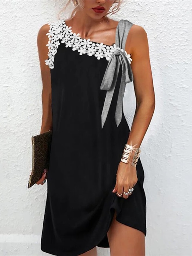 Women's Casual Dress Mini Dress Black Gray Sleeveless Floral Lace ...