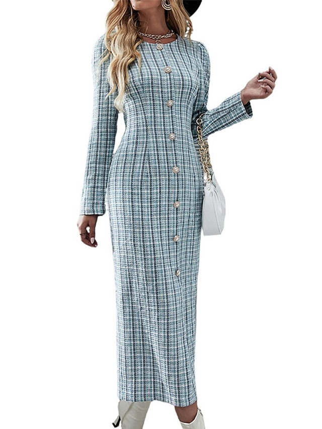 Womens Clothing Womens Dresses | Womens Bodycon Midi Dress Light Blue Long Sleeve Plaid Button Print Spring Summer Crew Neck Wor