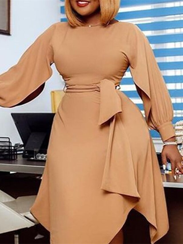 Womens Clothing Plus Size Collection | Womens Plus Size A Line Dress Solid Color Round Neck Long Sleeve Fall Winter Work Midi Dr