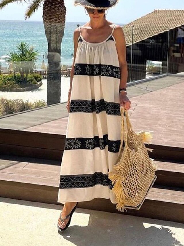 Womens Clothing Womens Dresses | Womens Shift Dress Maxi long Dress Khaki Sleeveless Floral Striped Backless Print Spring Summer