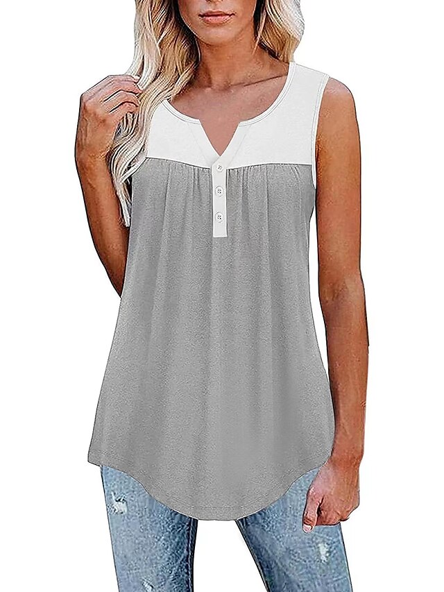  Sommer plissiertes ärmelloses Frauen-V-Ausschnitt-Knopfnähten-Westen-T-Shirt für Frauen