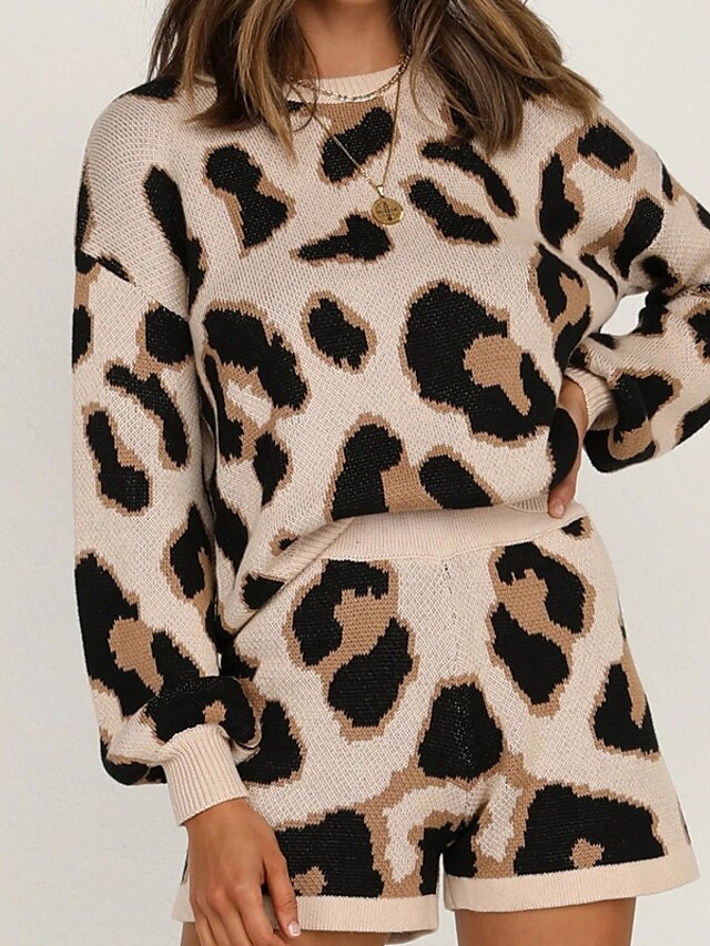 Womens Clothing Womens Sleep & Lounge | Womens Loungewear Sets Leopard Comfort Soft Home Street Polyester Crew Neck Long Sleeve 