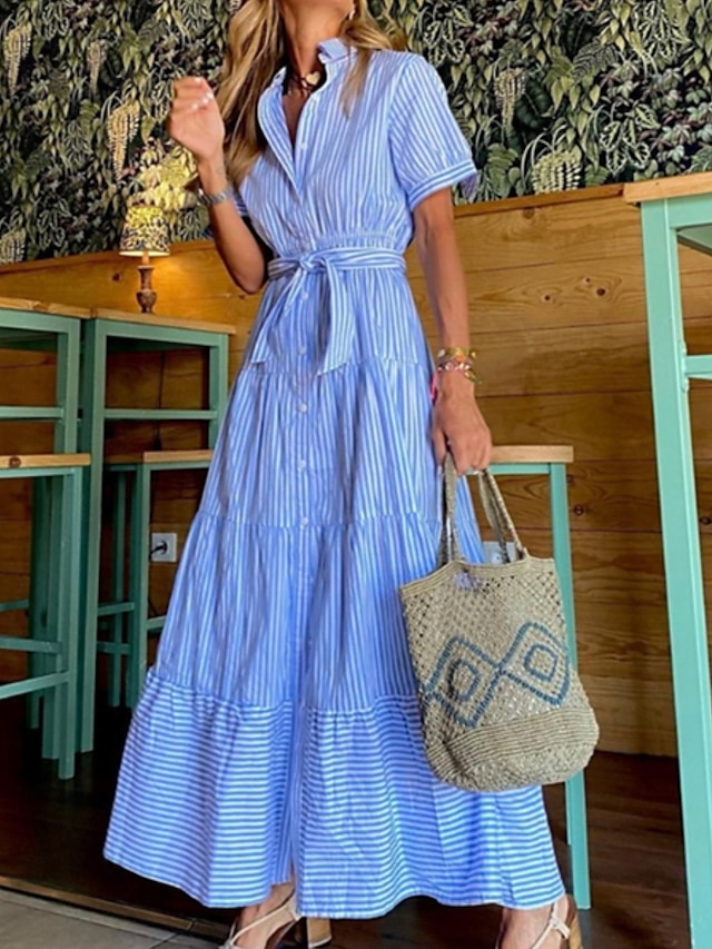 Womens Clothing Womens Dresses | Womens A Line Dress Maxi long Dress Blue Short Sleeve Striped Ruched Lace up Print Spring Summe