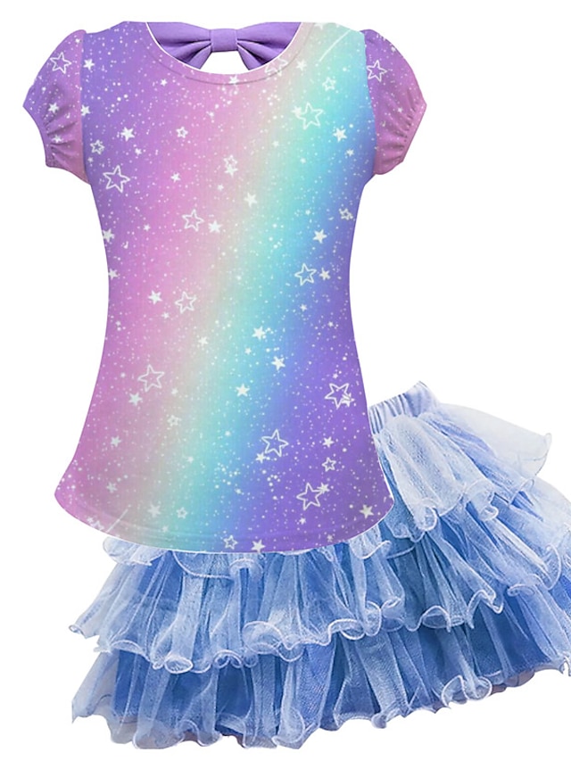 Baby & Kids Girls Clothing | Kids Girls T-shirt & Skirt Skirt Set Clothing Set 2 Pieces Short Sleeve Blue Gradient Ramp Mesh Bow