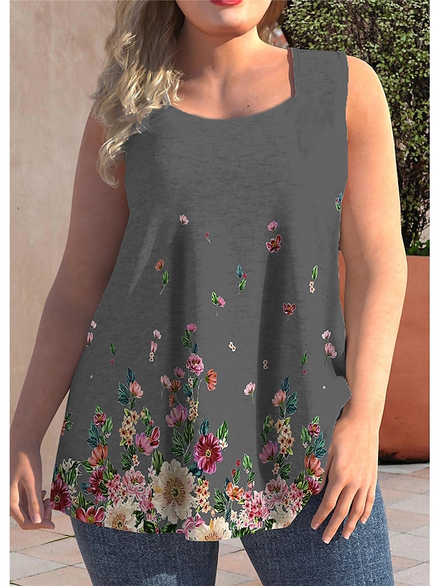 Womens Clothing Plus Size Collection | Womens Plus Size Tops Tank Top Floral Print Sleeveless Strap Streetwear Preppy Daily Goin