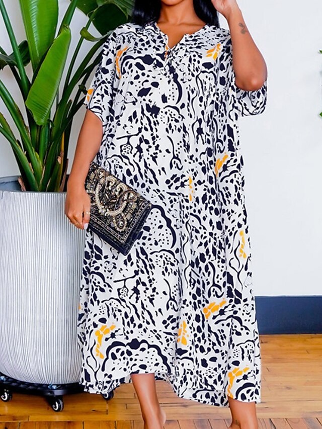 Womens Clothing Plus Size Collection | Womens Plus Size Shift Dress Print V Neck Split Short Sleeve Spring Summer Casual Maxi lo