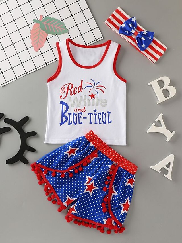 Baby & Kids Girls Clothing | Kids Girls American National Day Tank & Shorts Clothing Set 3 Pieces Short Sleeve White Flag Letter