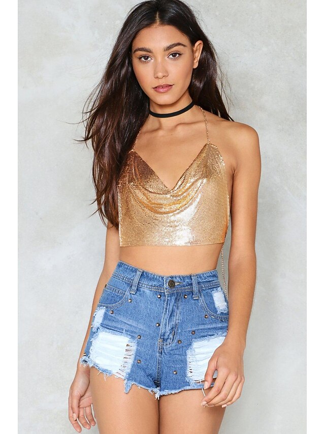 Women Metal Sequin Sparkle Glitter Tank Deep V Neck Spaghetti Strap Backless Chain Halter Crop Tops Party Blouse 1980s Disco Carnival Party Evening Club3
