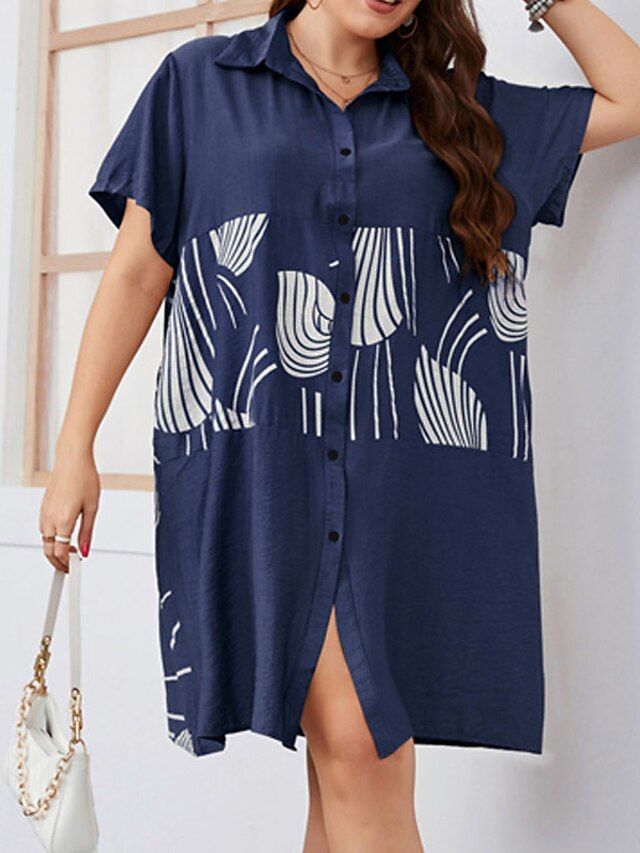 Womens Clothing Plus Size Collection | Womens Plus Size Shift Dress Striped Shirt Collar Print Short Sleeve Spring Summer Casual