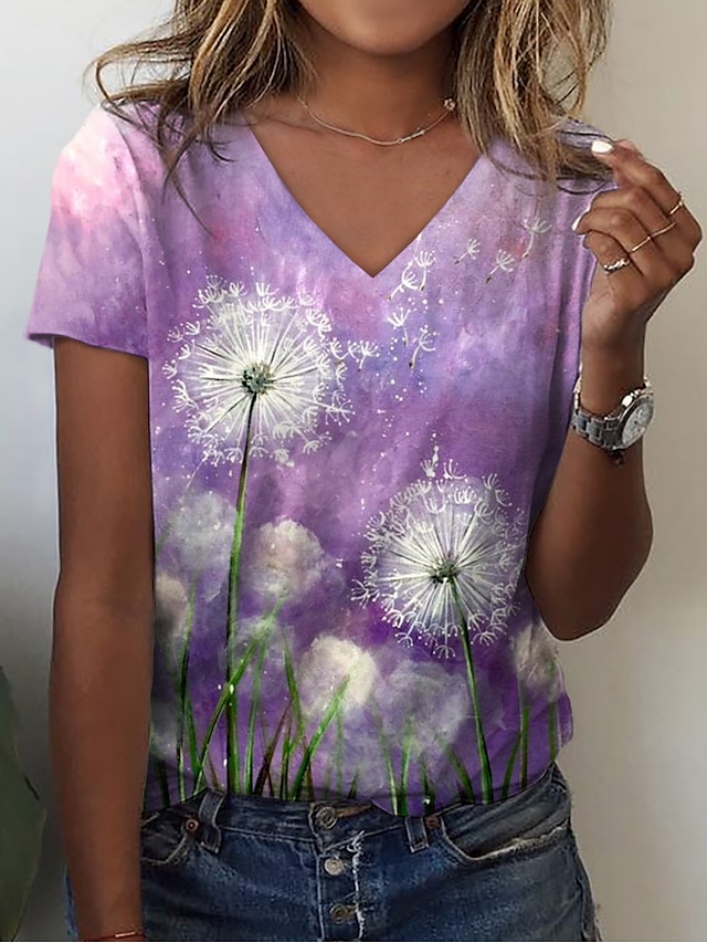  Dame T-shirt Grøn Blå Lyserød Mælkebøtte Trykt mønster Kortærmet Afslappet Ferie Basale V-hals Normal Blomster Tema Maleri S / 3D-udskrivning