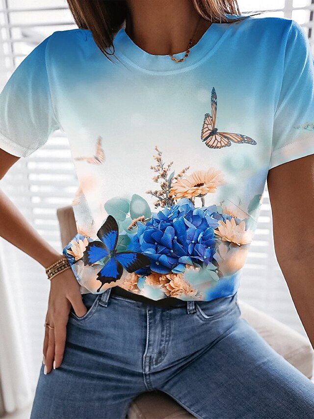 Womens Clothing Womens Tops | Womens Floral Butterfly Casual Holiday Weekend Floral Butterfly Painting T shirt Tee Short Sleeve 