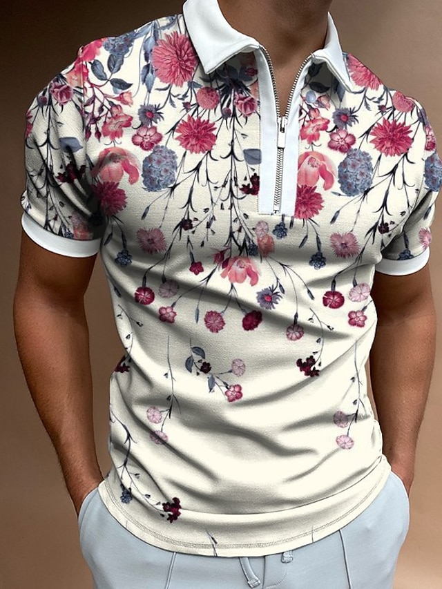  Hombre POLO Camiseta de golf Polo con media cremallera Floral Cuello Vuelto Beige Calle Casual Manga Corta Cremallera Ropa Moda Casual Cómodo / Playa