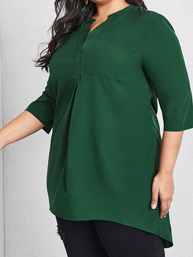 Womens Clothing Plus Size Collection | Womens Plus Size Tops Blouse Shirt Plain Ruched 3/4 Length Sleeve V Neck Streetwear Prepp