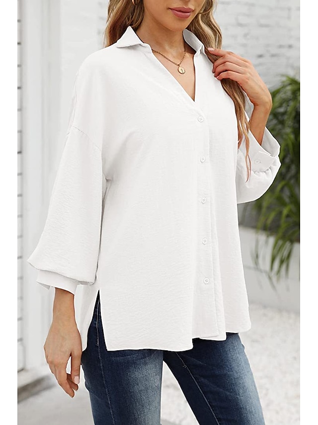  Women's Blouse Plain Daily Weekend Blouse Shirt Long Sleeve Button Shirt Collar Casual Streetwear White Black Blue S