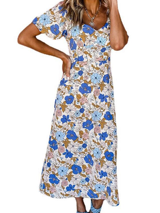 Womens Clothing Womens Dresses | Womens A Line Dress Midi Dress Blue Short Sleeve Floral Split Print Spring Summer V Neck Casual