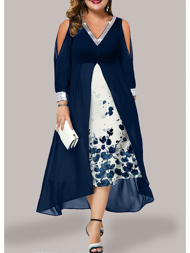 Womens Clothing Plus Size Collection | Womens Plus Size A Line Dress Floral V Neck Long Sleeve Spring Summer Prom Dress Midi Dre